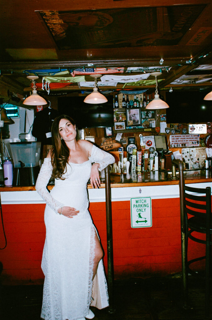 pregnant bride at a bar wedding